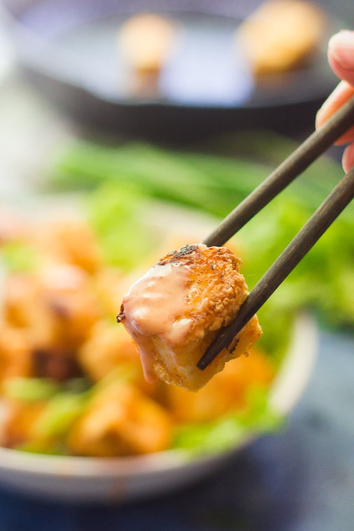 Close Up of a Piece of Bang Bang Tofu Held By Chopsticks