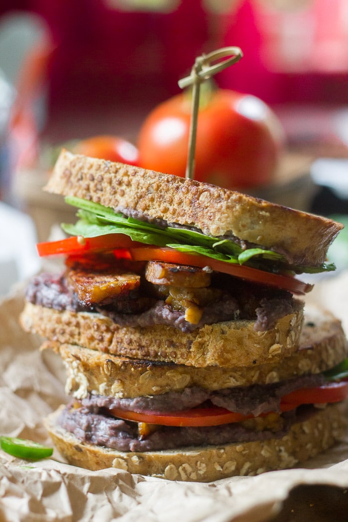 Two Stacked Grilled Black Bean & Tempeh Bacon Sandwiches