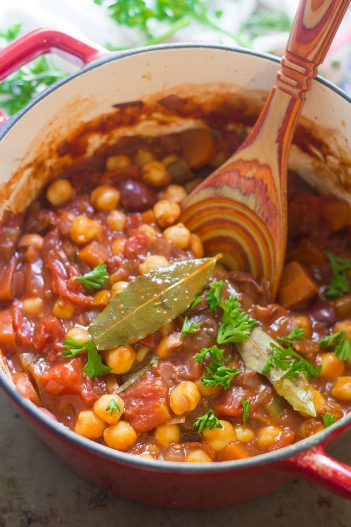 Chickpea Ragoût in a Pot with Wooden Spoon