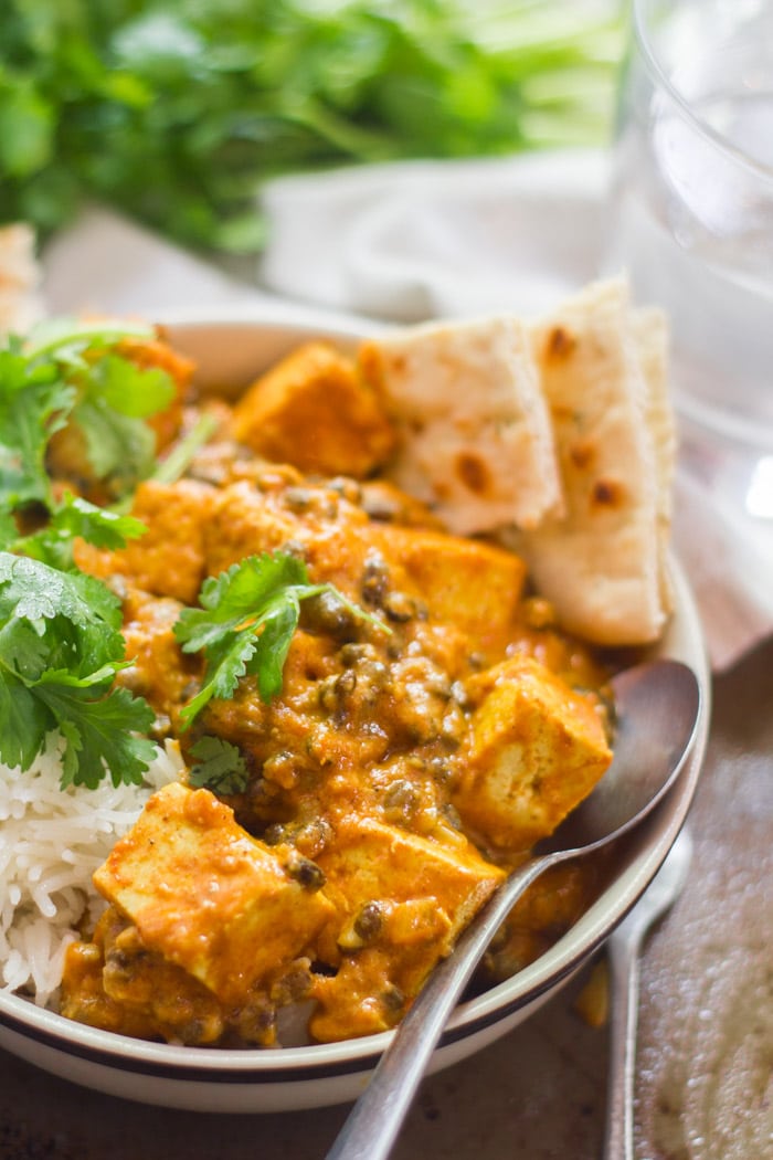 Close Up of Indian Butter Tofu and Lentils in a Bowl