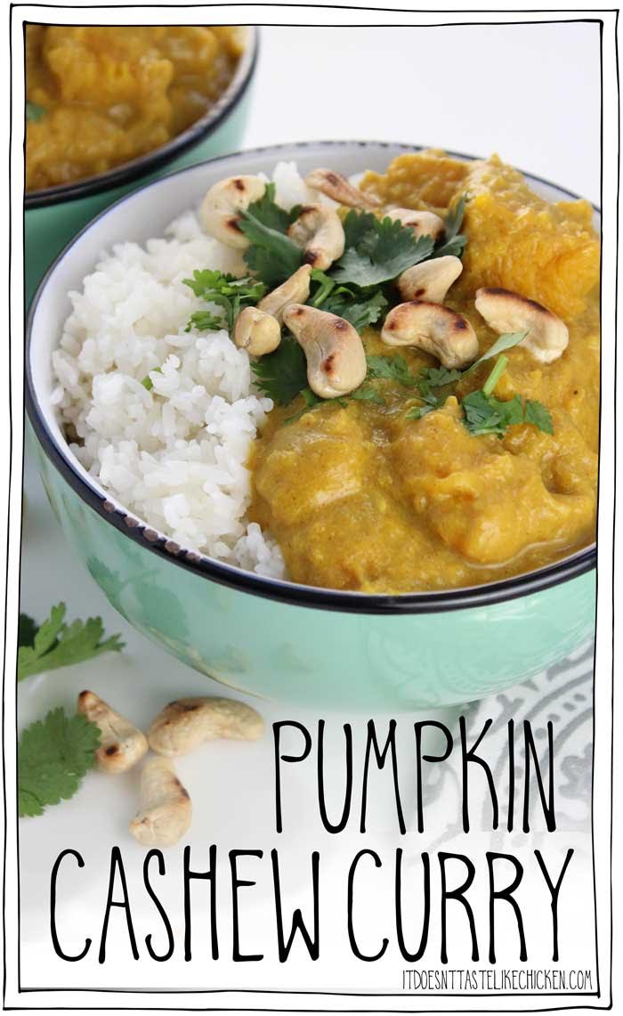 Bowl of Pumpkin Cashew Curry with Rice and Fresh Cilantro