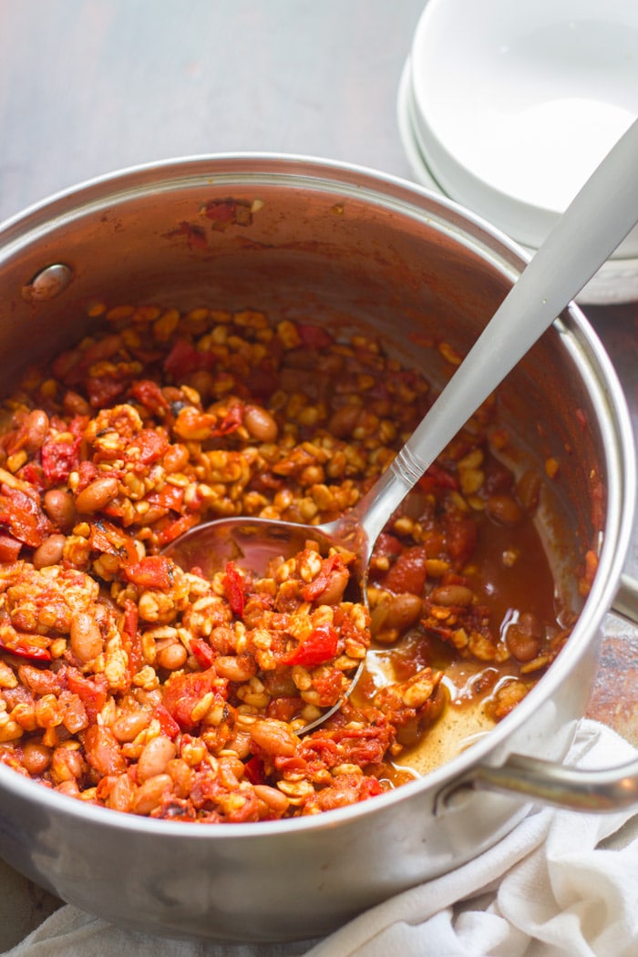 Pot of Tempeh Chili with Ladle