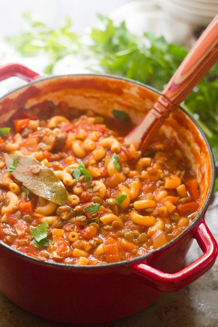 Vegan American Goulash in a Pot with Serving Spoon