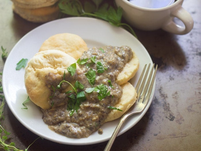 Vegan Biscuits & Gravy on a Plate with Fork