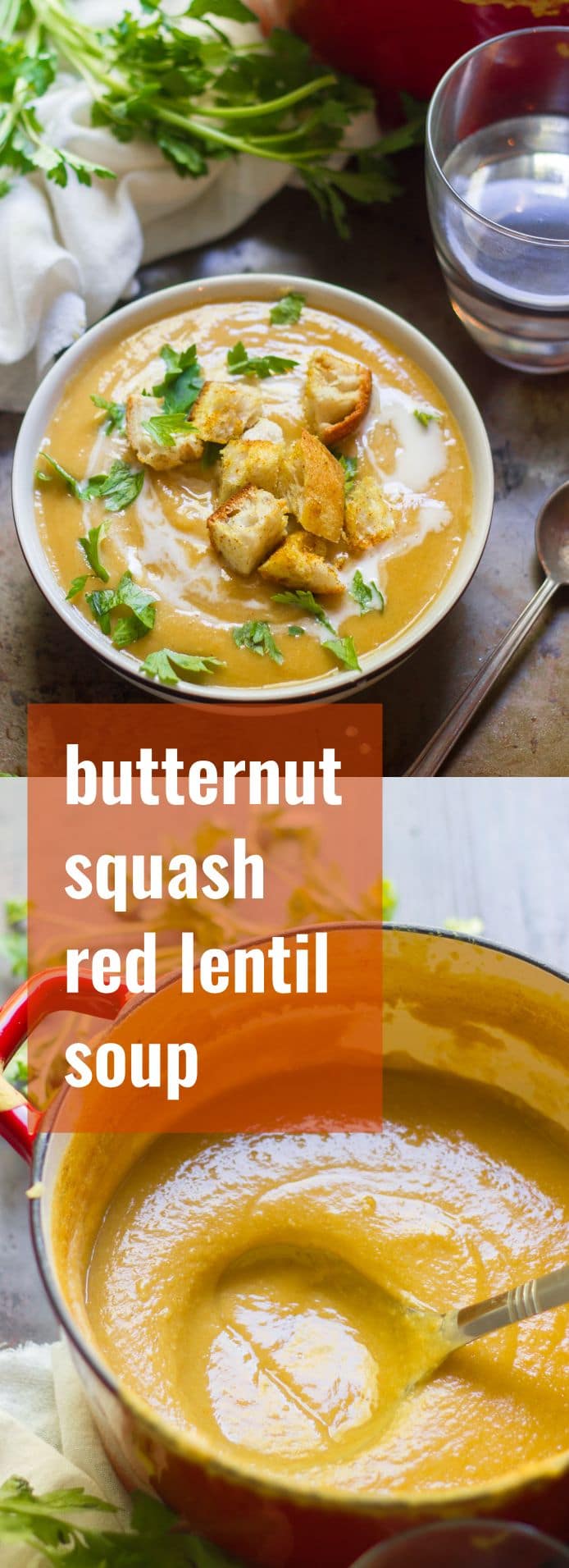 Red Lentil Butternut Squash Soup with Curry Croutons