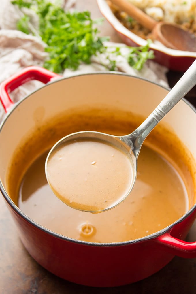 Ladle Drawing Vegan Gravy from a Red Pot