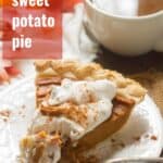 Slice of Pie with Text Overlay Reading "Vegan Sweet Potato Pie"