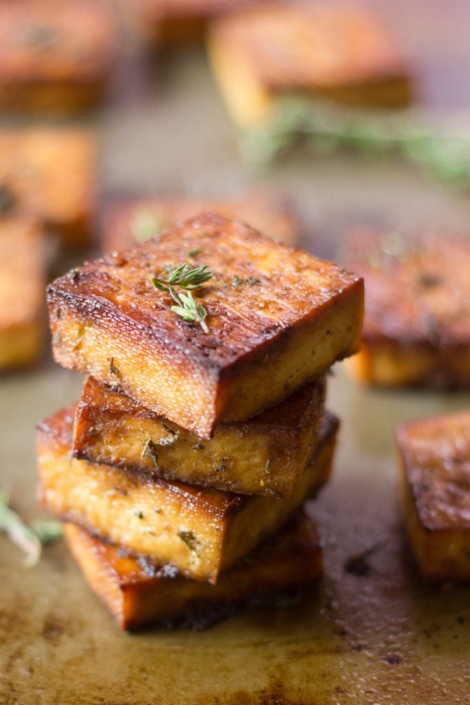 Stacked Squares of Lemon & Herb Baked Tofu