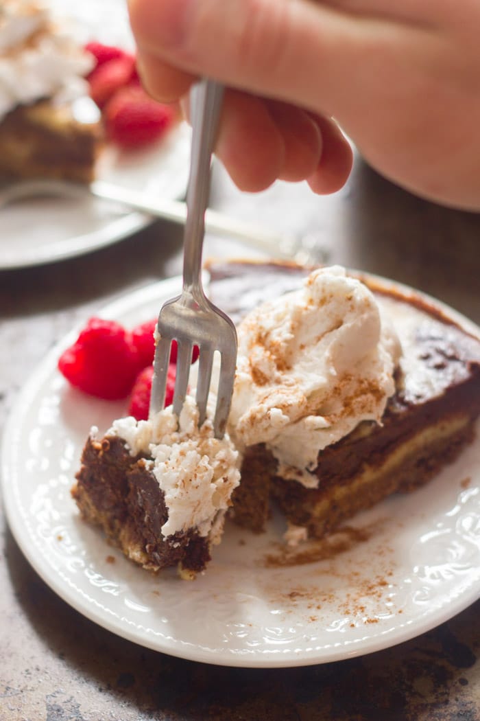 Fork Removing a Chunk of Vegan Mocha Swirl Cheesecake from a Slice