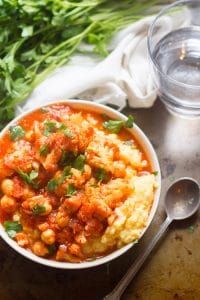 Cauliflower & Chickpea Creamy Polenta Bowls with Roasted Red Pepper Tomato Sauce