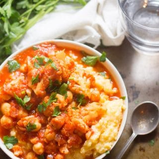 Cauliflower & Chickpea Creamy Polenta Bowls with Roasted Red Pepper Tomato Sauce