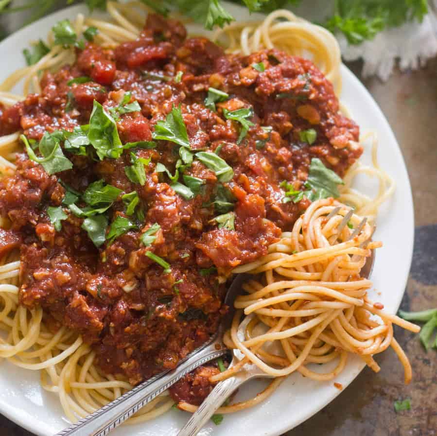 Spaghetti with Cauliflower Walnut Meat Sauce