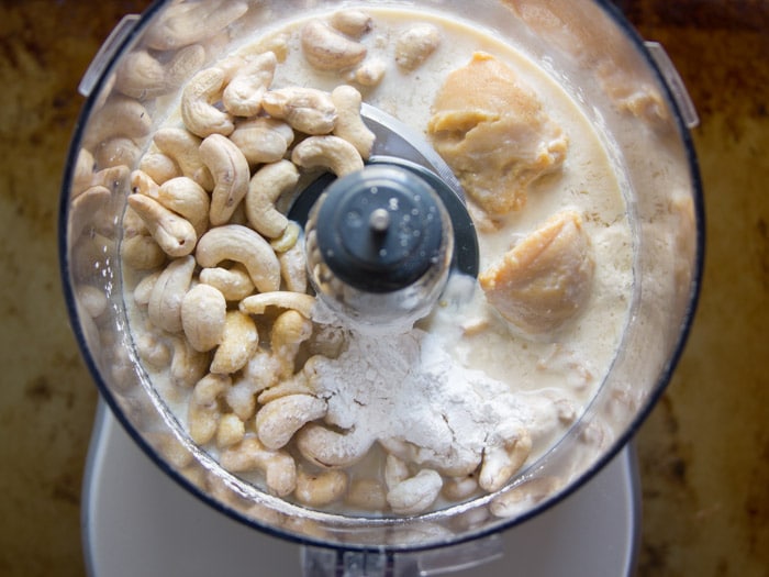 Vegan Mozzarella Ingredients in a Food Processor Bowl