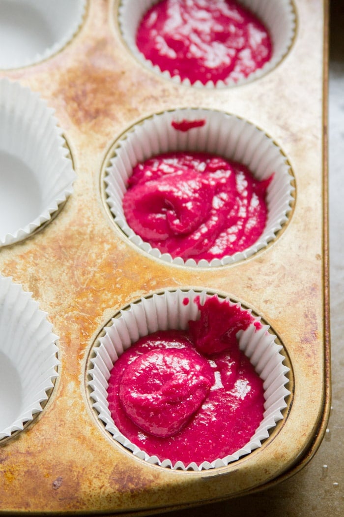 Vegan Pink Velvet Cupcake Batter in Muffin Tins