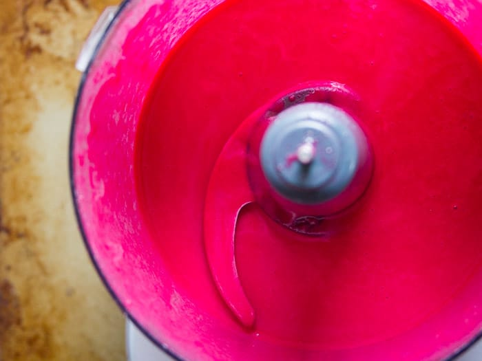 Vegan Pink Velvet Cupcake Batter in a Food Processor Bowl