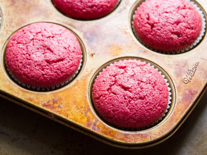 Vegan Pink Velvet Cupcakes in a Muffin Tin