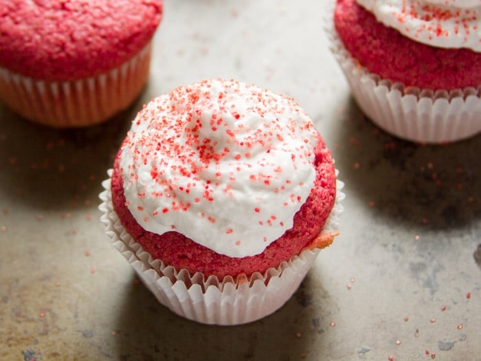 Close Up of a Vegan Pink Velvet Cupcake