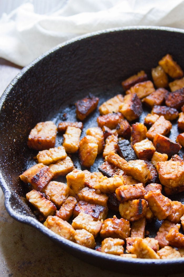 Tempeh Bacon in a Skillet