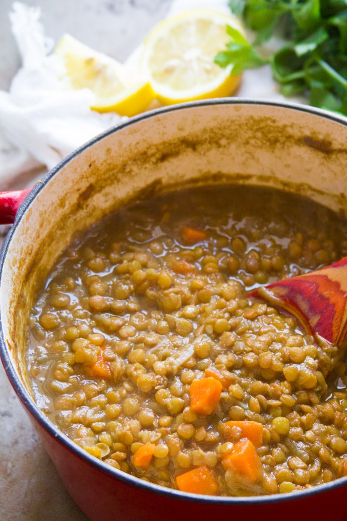Lentils and Carrots Simmering in a Pot to Make Warming Spiced Creamy Lentil Soup