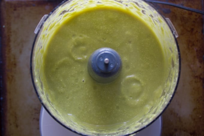 Vegan Cream of Asparagus Soup Being Blended in a Food Processor
