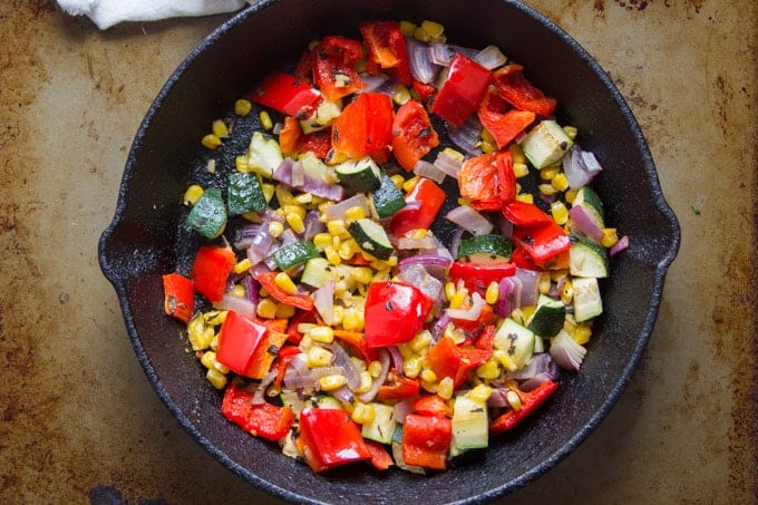 Roasted Veggies in a Skillet for Making Roasted Veggie Tacos with Creamy Whipped Black Beans