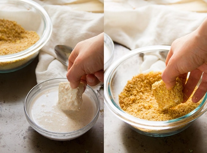 Side by Side Images Showing Steps for Making Crispy Baked Tofu Nuggets: Dip Tofu Square in Batter, Then Dredge in Panko Coating