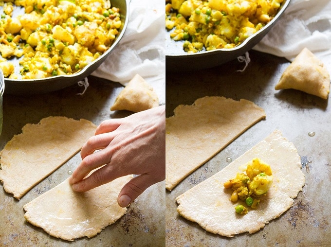 Collage Showing Steps 1 and 2 for Wrapping Baked Vegan Samosas: Wet the Edges of Dough, and Place a Spoonful of Filling on Dough