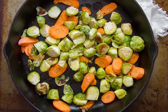 Roasted Carrots and Brussels Sprouts in a Skillet for Making Sesame Soba Noodles with Roasted Veggies & Baked Tofu