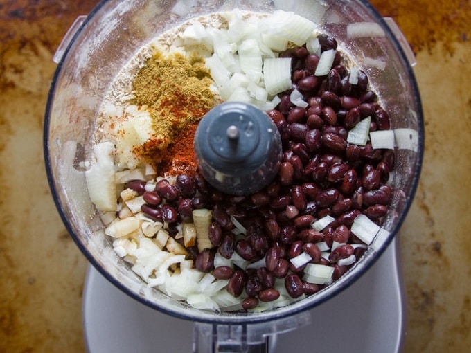 Ingredients for Making Vegan Mexican Meatballs in a Food Processor Bowl