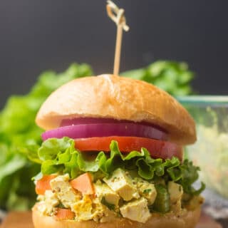 Vegan Egg Salad on a Bun with Lettuce, Tomato and Onion