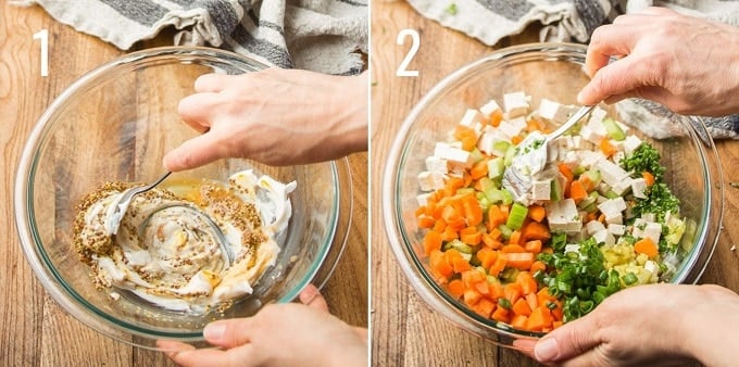 Collage Showing Steps for Making Vegan Egg Salad: Stir Together Dressing Ingredients, and Stir in Tofu and Veggies