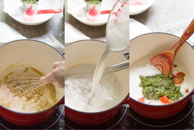 Three Photos Showing Steps for Making Creamy Pesto Sauce: Make Roux, Add Milk, and Add Pesto and Tomatoes
