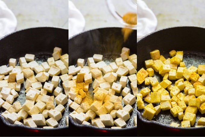 Collage Showing Process for Making Eggy Tofu For a Vegan Cobb Salad: Sauté Tofu Cubes in a Skillet, Sprinkle with Seasonings, and Toss to Coat Tofu with Seasonings