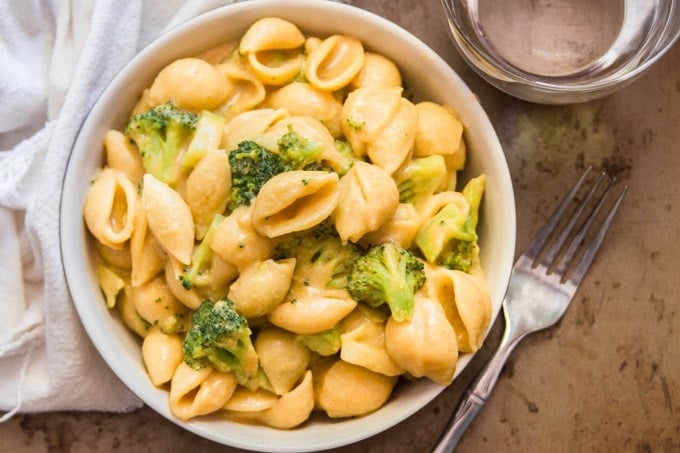 Overhead View of a Bowl of Creamy Coconut Mac & Cheese with Broccoli
