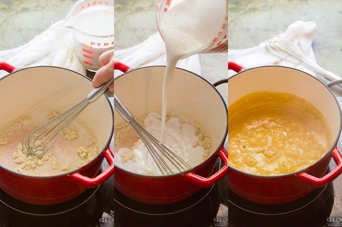 Collage Showing Steps for Making Overhead View of a Bowl of Creamy Coconut Mac & Cheese with Broccoli: Cook Flour and Oil, Add Non-Dairy Milk, Add Seasonings and Simmer