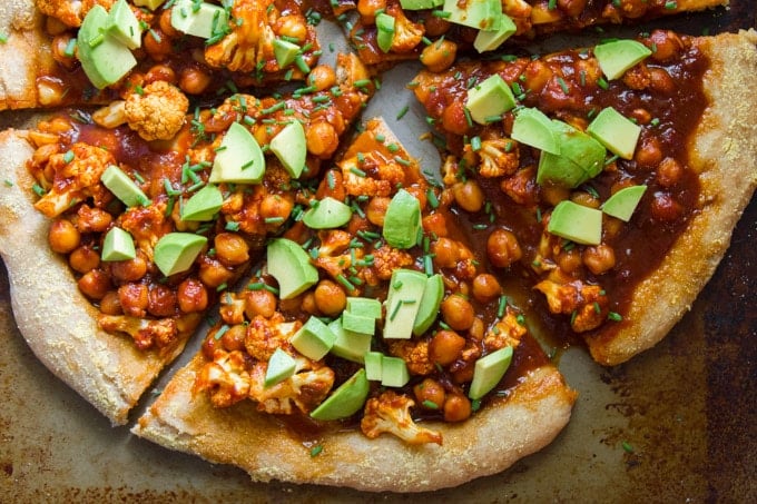 Close Up of a Barbecue Chickpea & Cauliflower Pizza