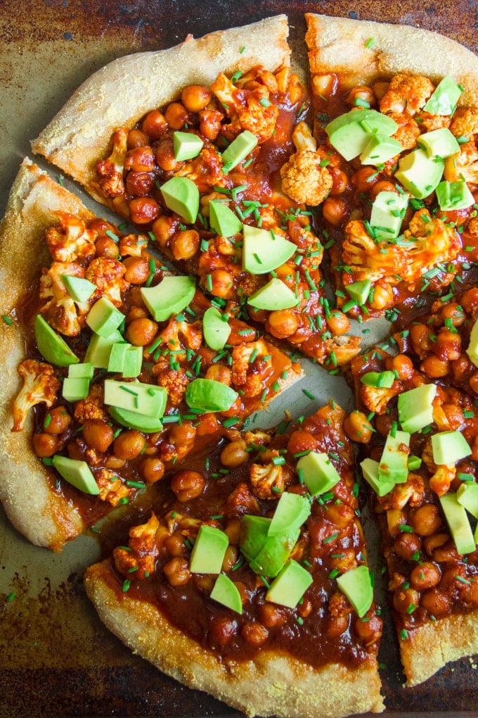 Overhead View of a Close Up of a Barbecue Chickpea & Cauliflower Pizza