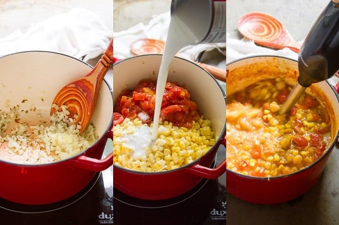 Collage Showing Steps for Making Indian-Inspired Chickpea & Summer Corn Curry: Sautée Onion, Garlic, Ginger and Cumin Seeds, add Tomatoes, Coconut Milk, Corn, Chickpeas and Spices, and Blend Half of the Curry with an Immersion Blender