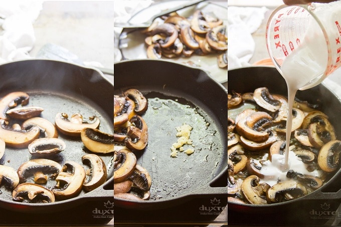 Collage Showing Steps for Making Mushroom Scallopini: sauté mushrooms in olive oil, sauté garlic, and simmer with white wine, lemon juice and coconut milk.
