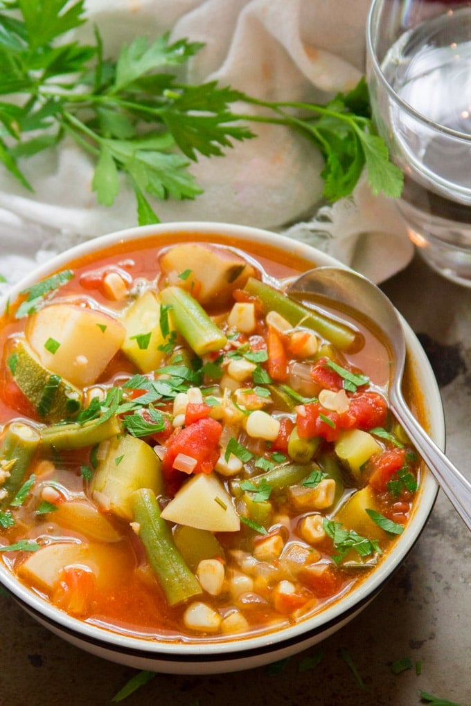 Close Up of Summer Vegetable Soup with Spoon