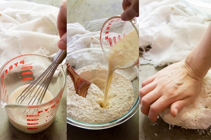 Collage Showing Steps for Making Dough For Vegan Bao Buns: Mix Yeast with Warm Water, Add Yeast Mixture to Dry Ingredients to Form a Dough, and Knead Dough By Hand