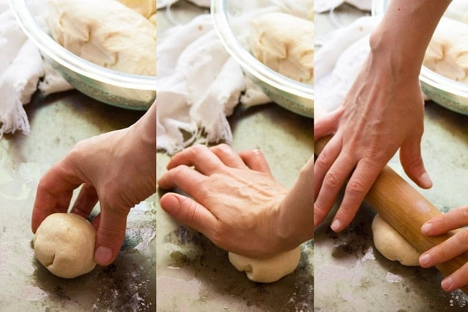Collage Showing Steps for Shaping Dough to Make Vegan Bao Buns: Roll Dough Into Balls, Flatten with Hand, and Roll with Rolling Pin