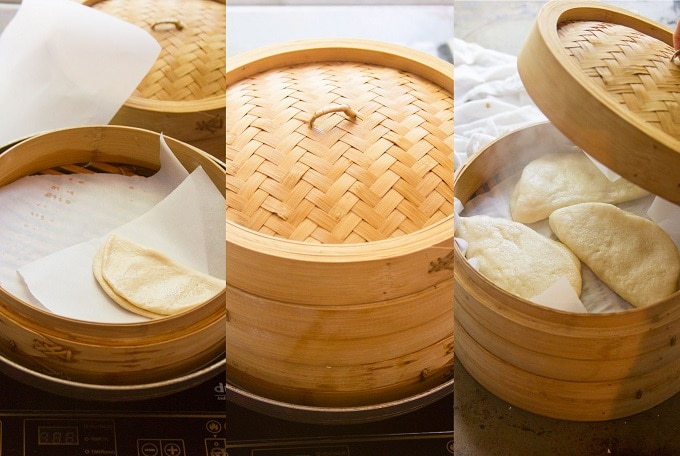 Collage Showing Steps for Steaming Vegan Bao Buns: Place Buns on Parchment Paper in Steamer, Cover, and Steam