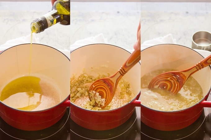 Collage Showing Steps to Make Filling for Mediterranean Stuffed Eggplant