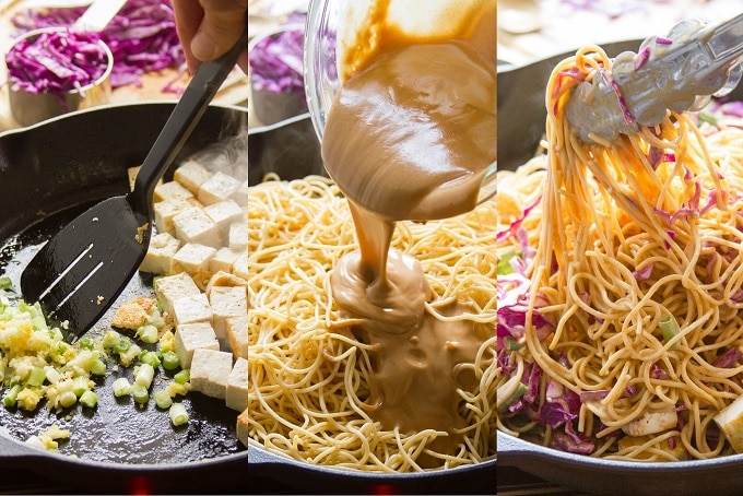 Collage Showing Steps for Making Sesame Peanut Noodles: Sauté Aromatics, Add Noodles and Sauce, Heat and Add Cabbage
