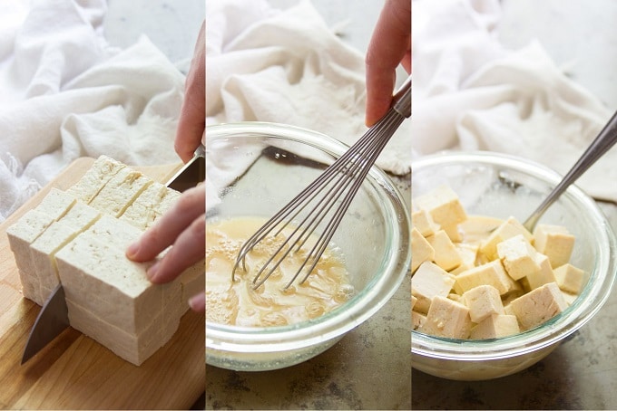 Collage Showing Steps for Making Tofu Feta Cheese: Press and Dice Tofu, Mix Marinade, and Soak Tofu in Marinade