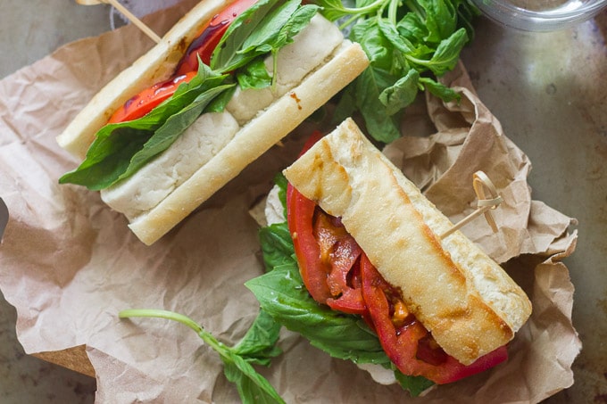 Overhead View of Two Vegan Caprese Sandwiches