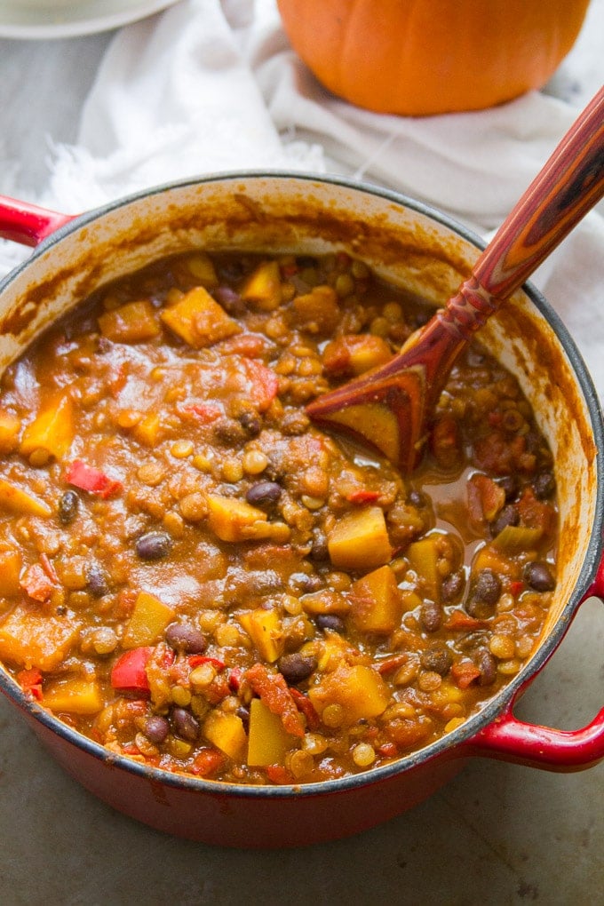 Triple Pumpkin Chili in a Pot with Serving Spoon