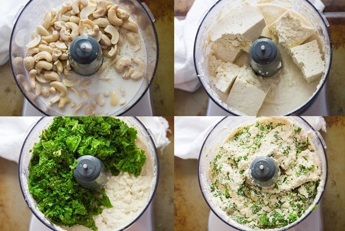 Collage Showing Steps For Making Vegan Manicotti Filling: Blend Cashew Base, Blend in Tofu, Add Kale, and Blend in Kale