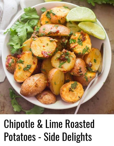 Bowl of Chipotle Lime Potatoes with Fresh Cilantro, Lime Wedges, and Spoon
